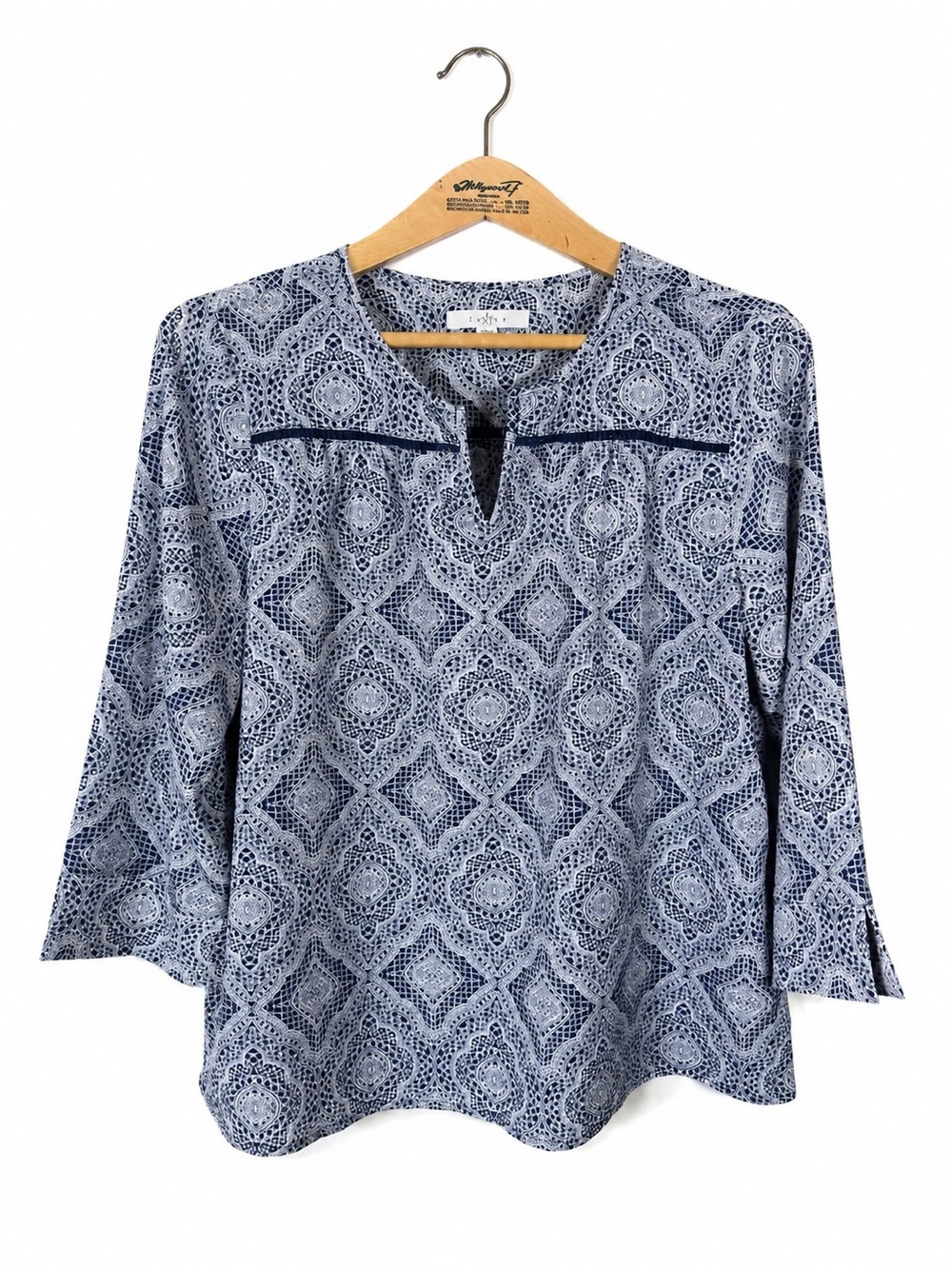 Fever Blue Geometric Mosaic Boho Business Casual Blouse Top Size L